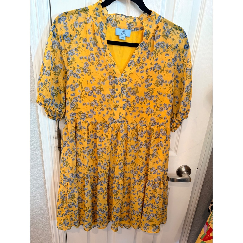 CeCe Babydoll Dress Yellow Floral Tiered Ruffle Neck Puff Sleeve Mini Summer M